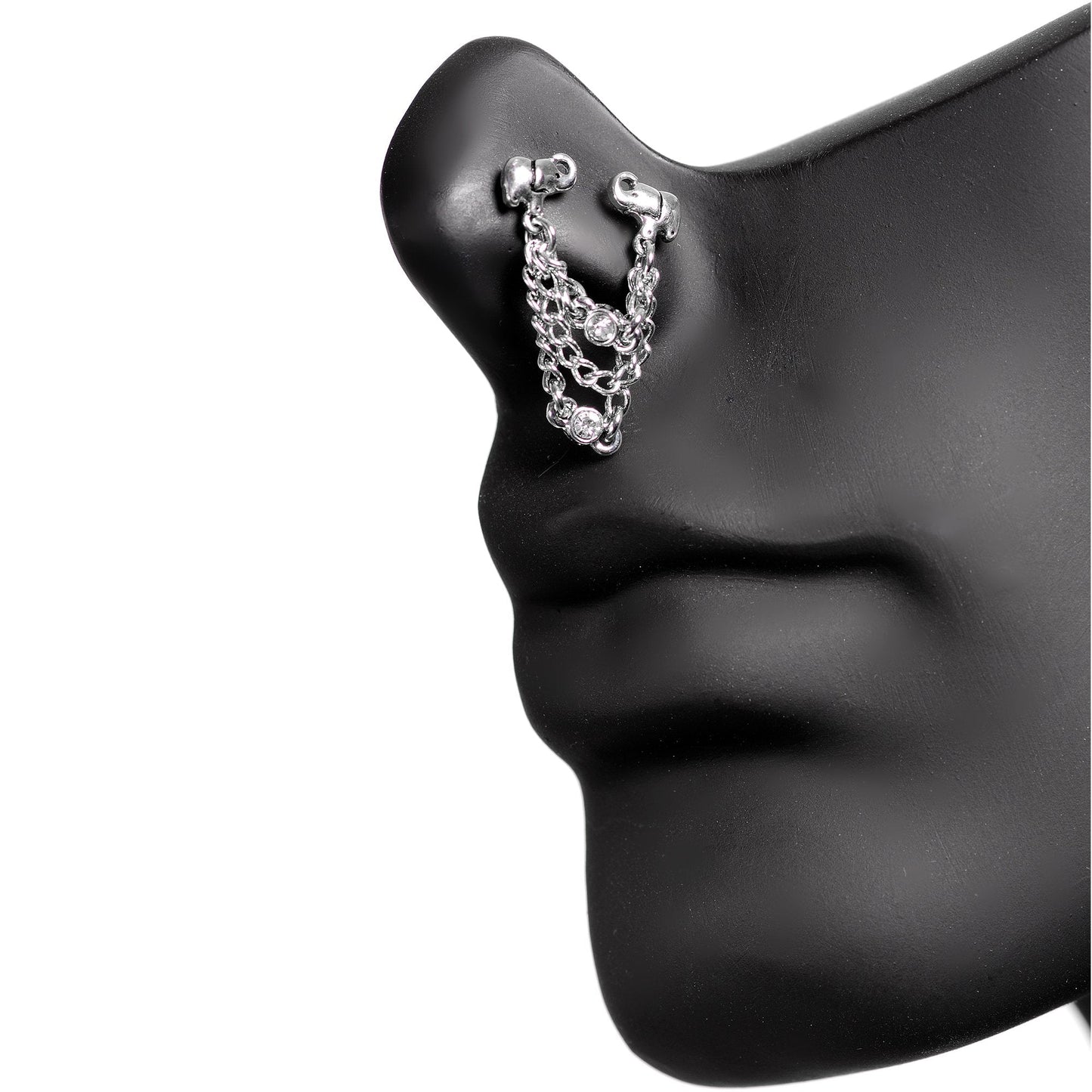 20G 1/4 Clear Gem Elephant Chain Dangle Double Nose Bone