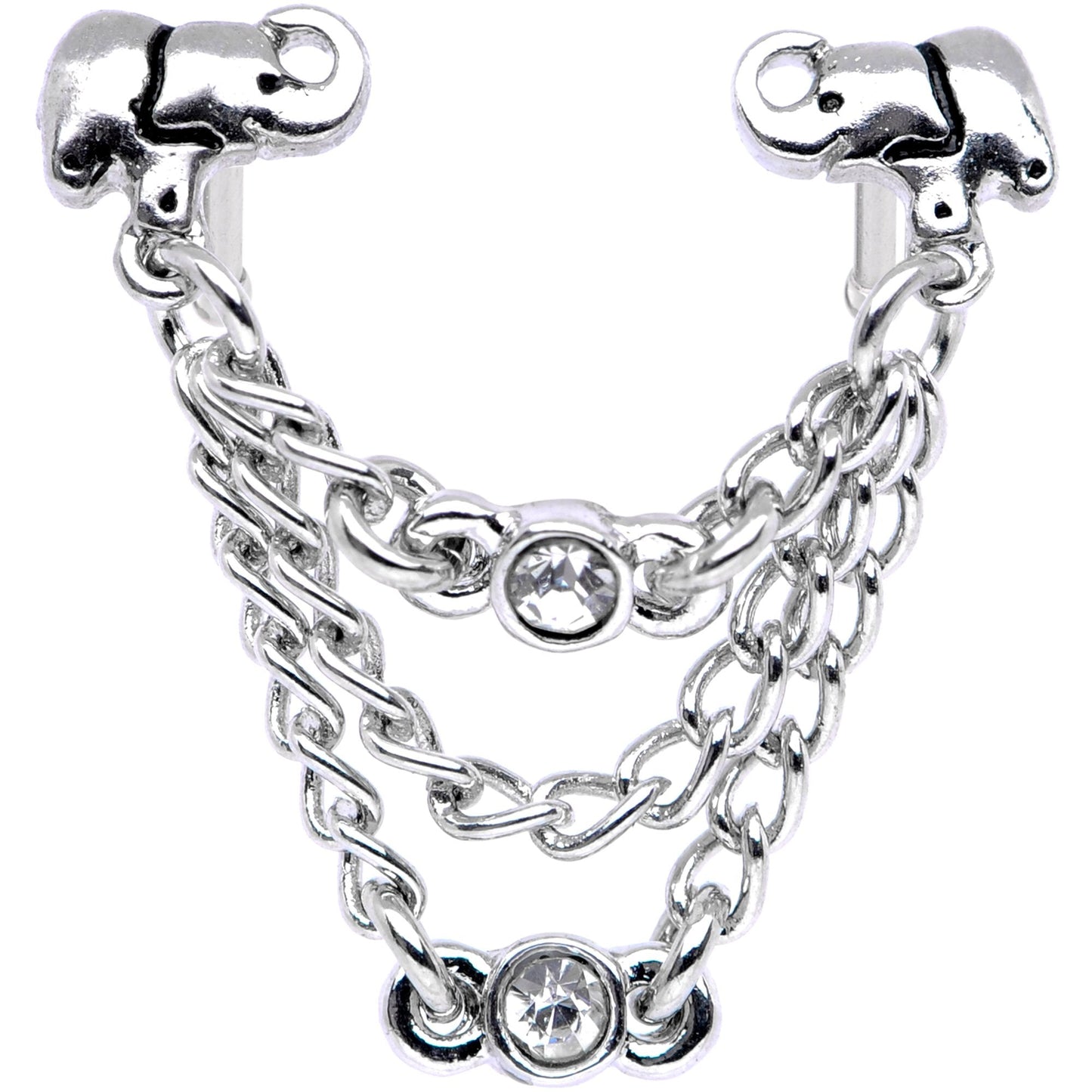 20G 1/4 Clear Gem Elephant Chain Dangle Double Nose Bone