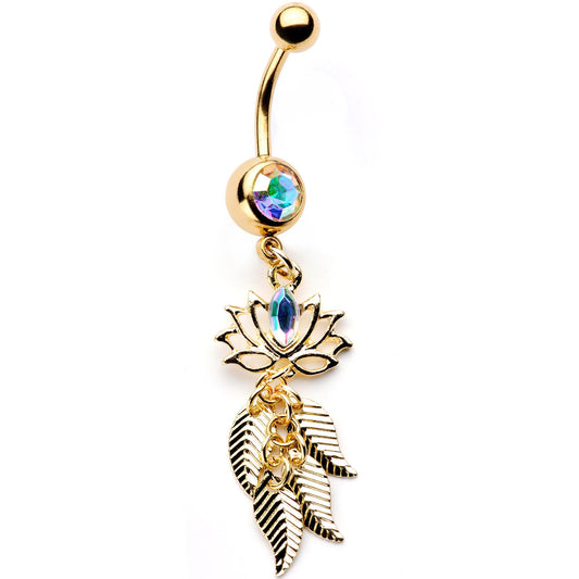 Aurora Gem Gold Tone Anodized Leafy Lotus Flower Dangle Belly Ring