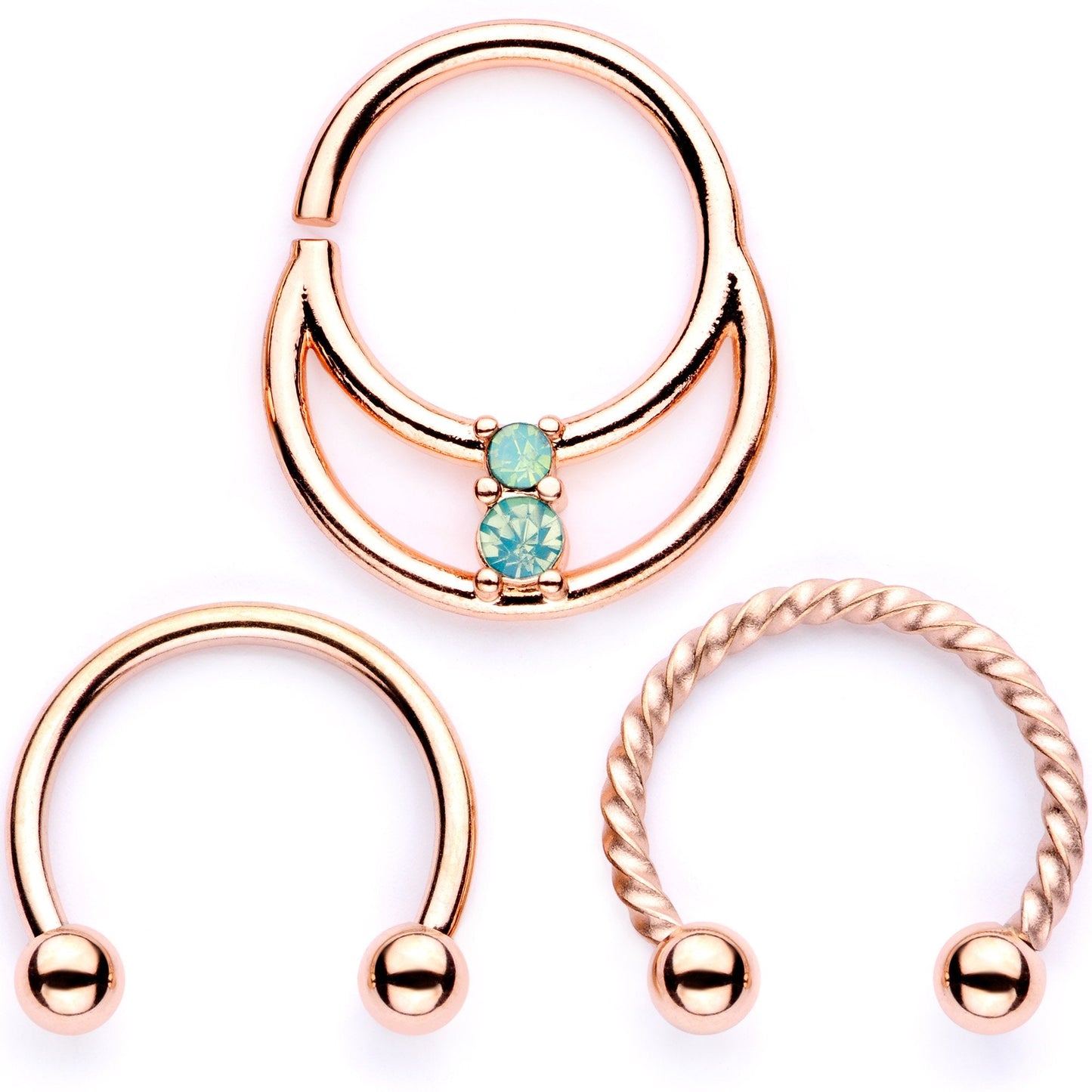 16G 3/8 Teal Faux Opal Rose Gold Tone Horseshoe Closure Ring Set