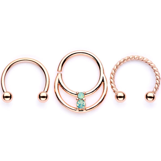 16G 3/8 Teal Faux Opal Rose Gold Tone Horseshoe Closure Ring Set