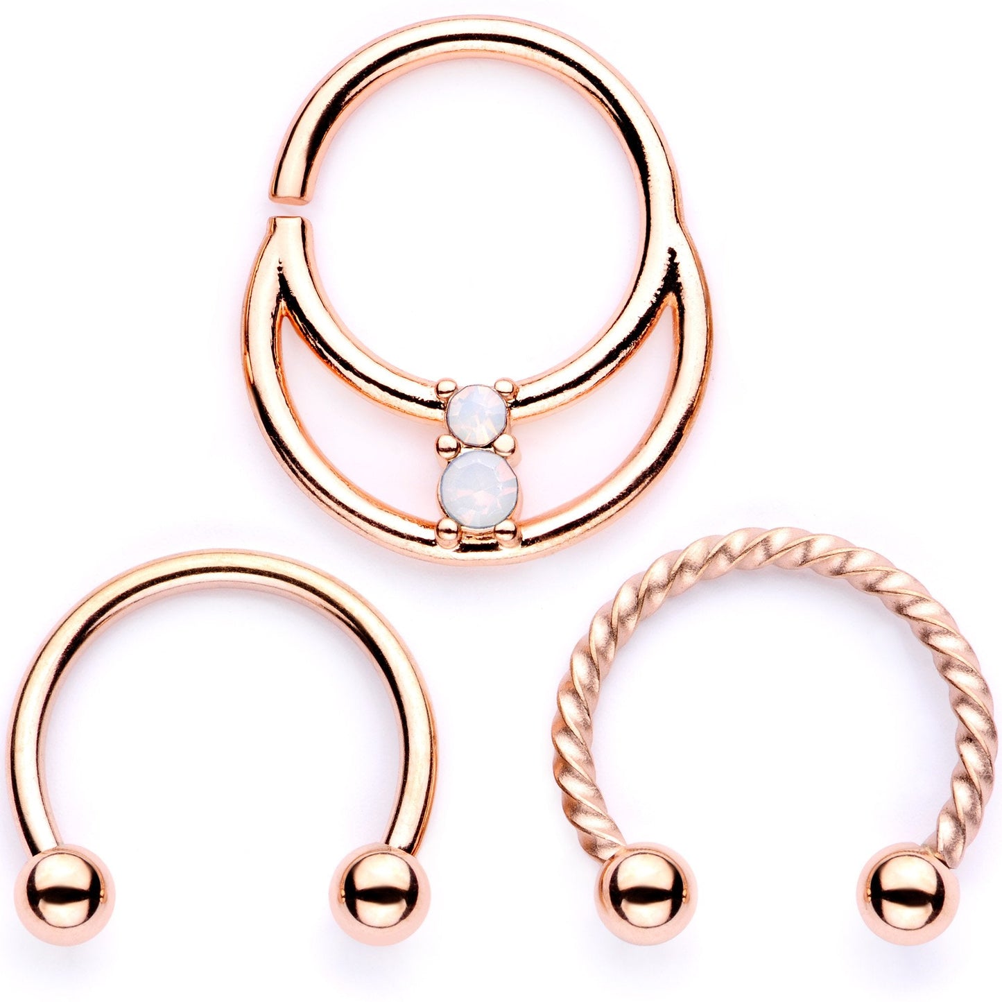 16G 3/8 White Faux Opal Rose Gold Tone Twisted Horseshoe BCR Captive Ring Set