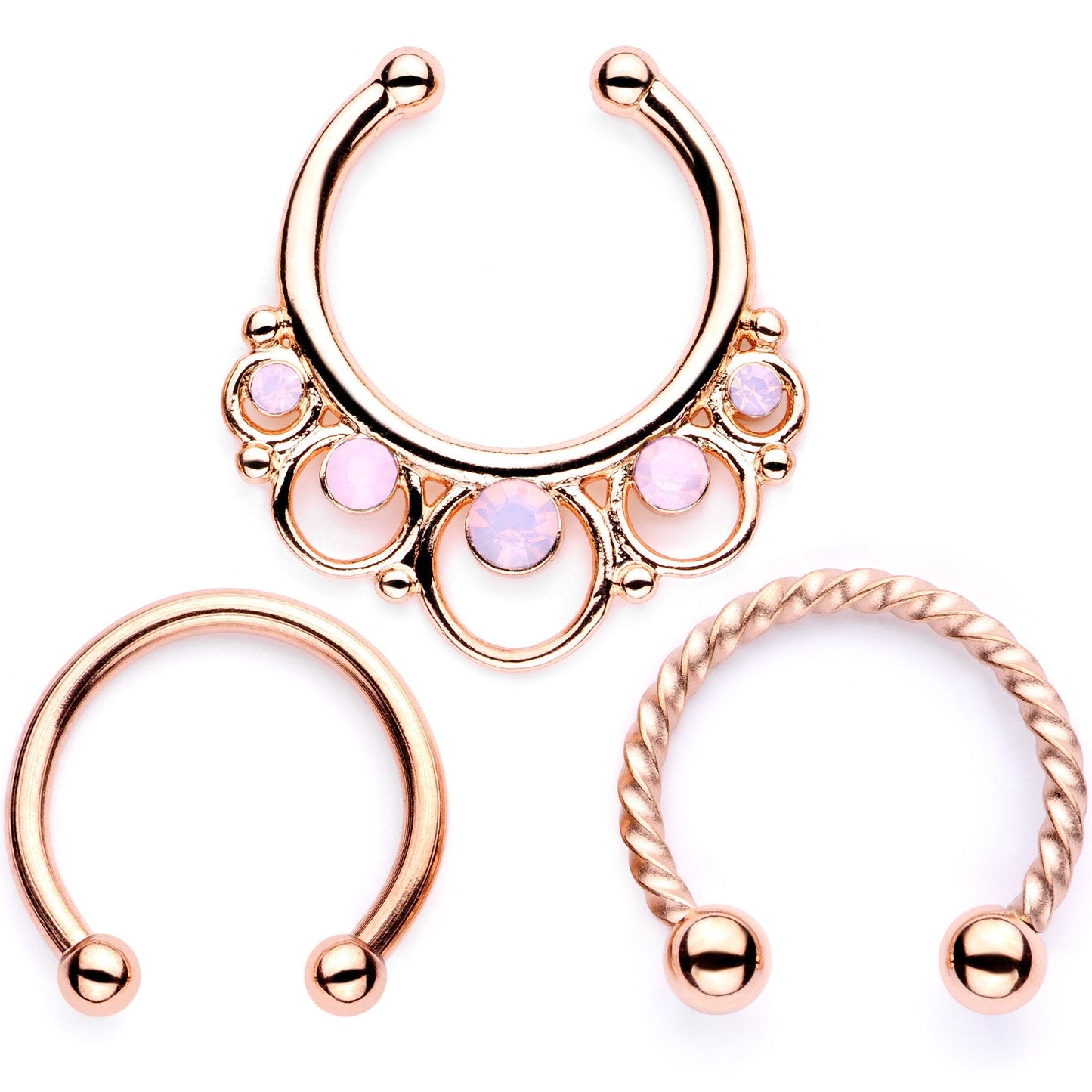 16G Pink Faux Opal Rose Gold Tone Twisted Horseshoe Clip On Fake Septum Ring Set