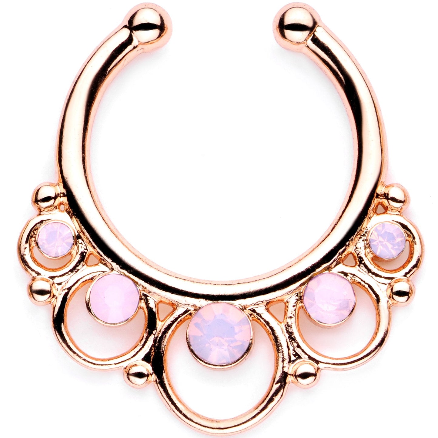 16G Pink Faux Opal Rose Gold Tone Twisted Horseshoe Clip On Fake Septum Ring Set
