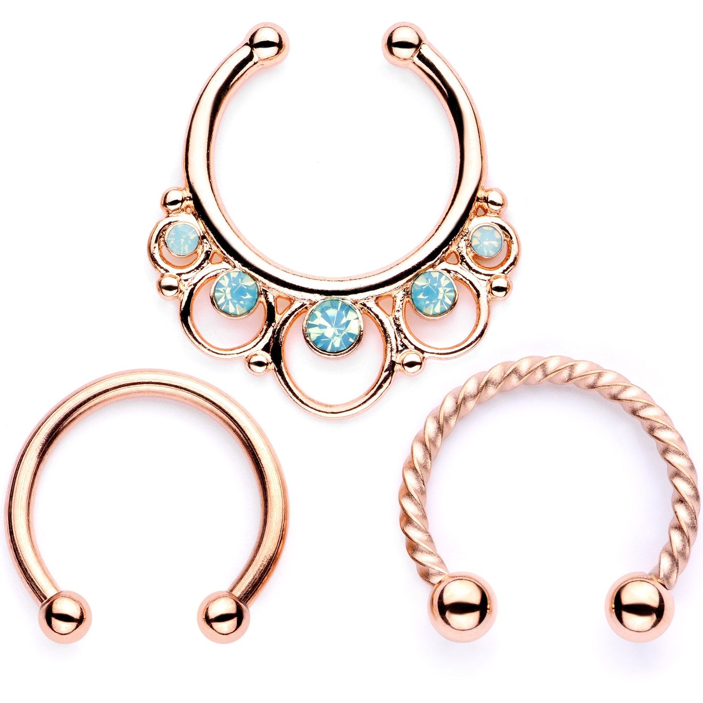 16G Teal Faux Opal Rose Gold Tone Twisted Horseshoe Clip On Fake Septum Ring Set