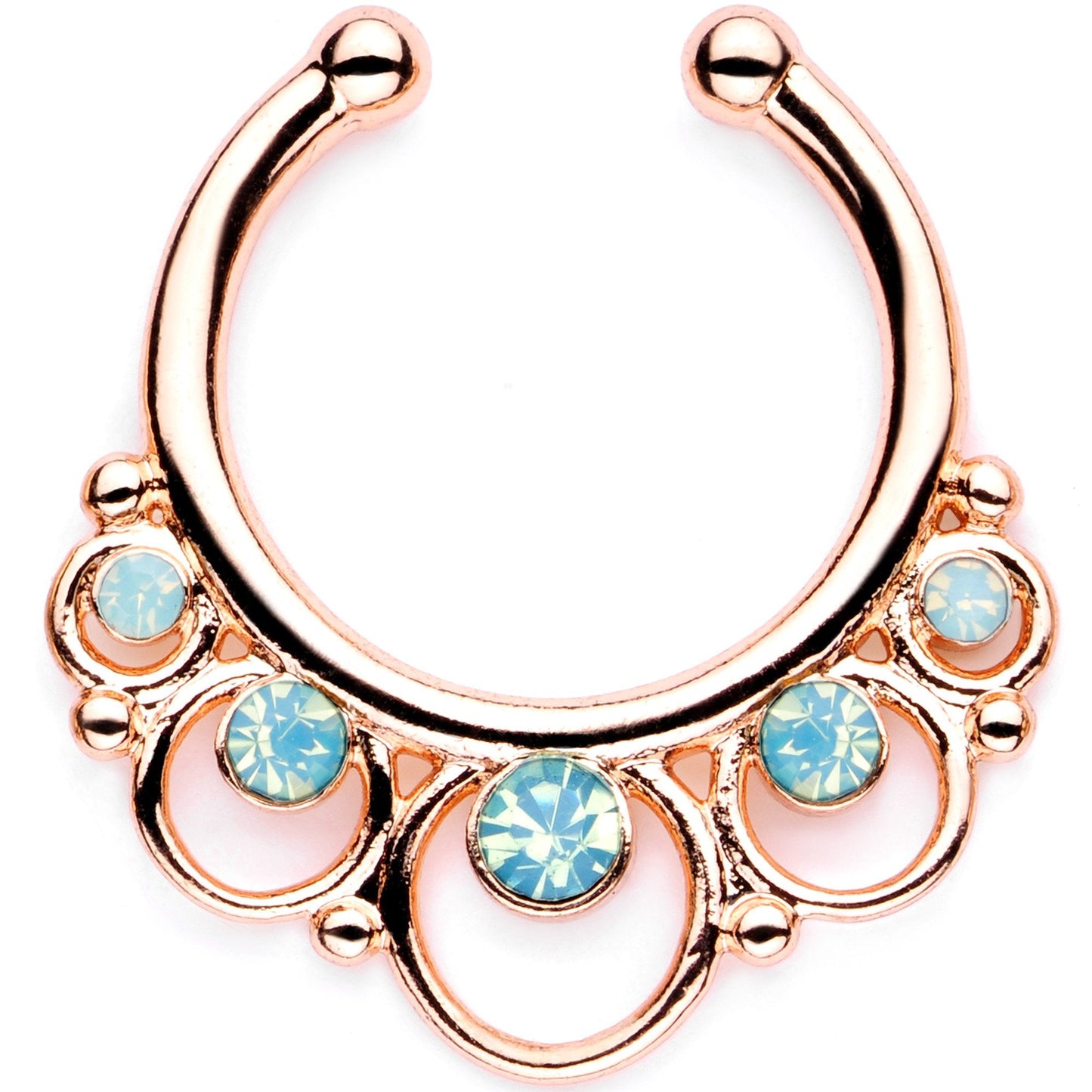 16G Teal Faux Opal Rose Gold Tone Twisted Horseshoe Clip On Fake Septum Ring Set