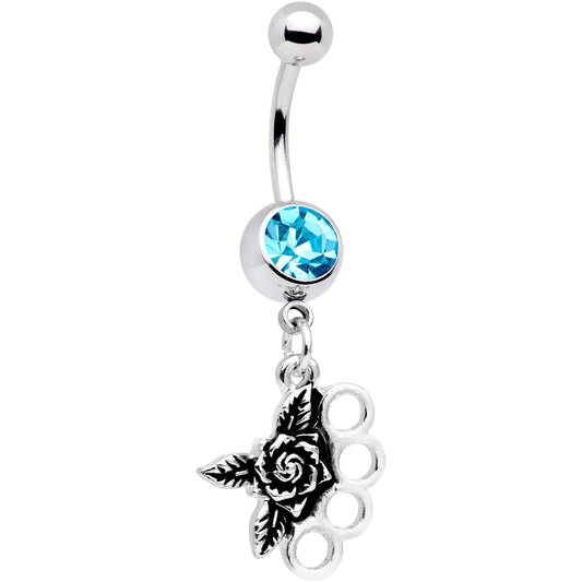 Aqua CZ Gem Badass Brass Knuckles Dangle Belly Ring