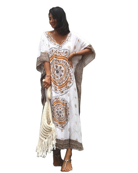 Rayon Positioning Floral Loose Long Beach Cover-up Robe Dress Vacation Clothes