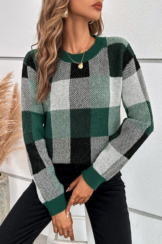 Plaid Print Round Neck Knit Loose Fit Sweater