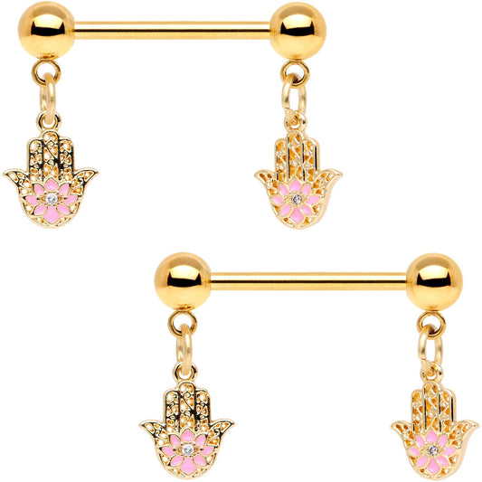 Pink Gem Gold Tone Hamsa Hand Dangle Barbell Nipple Ring Set