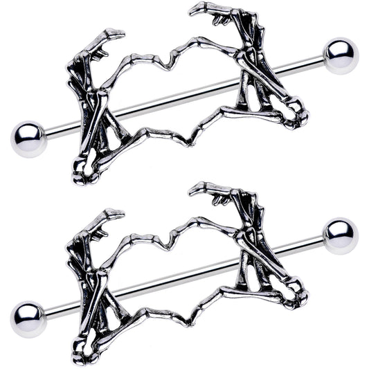 1 1/2 Skeleton Hand Heart Nipple Barbell Shield Set