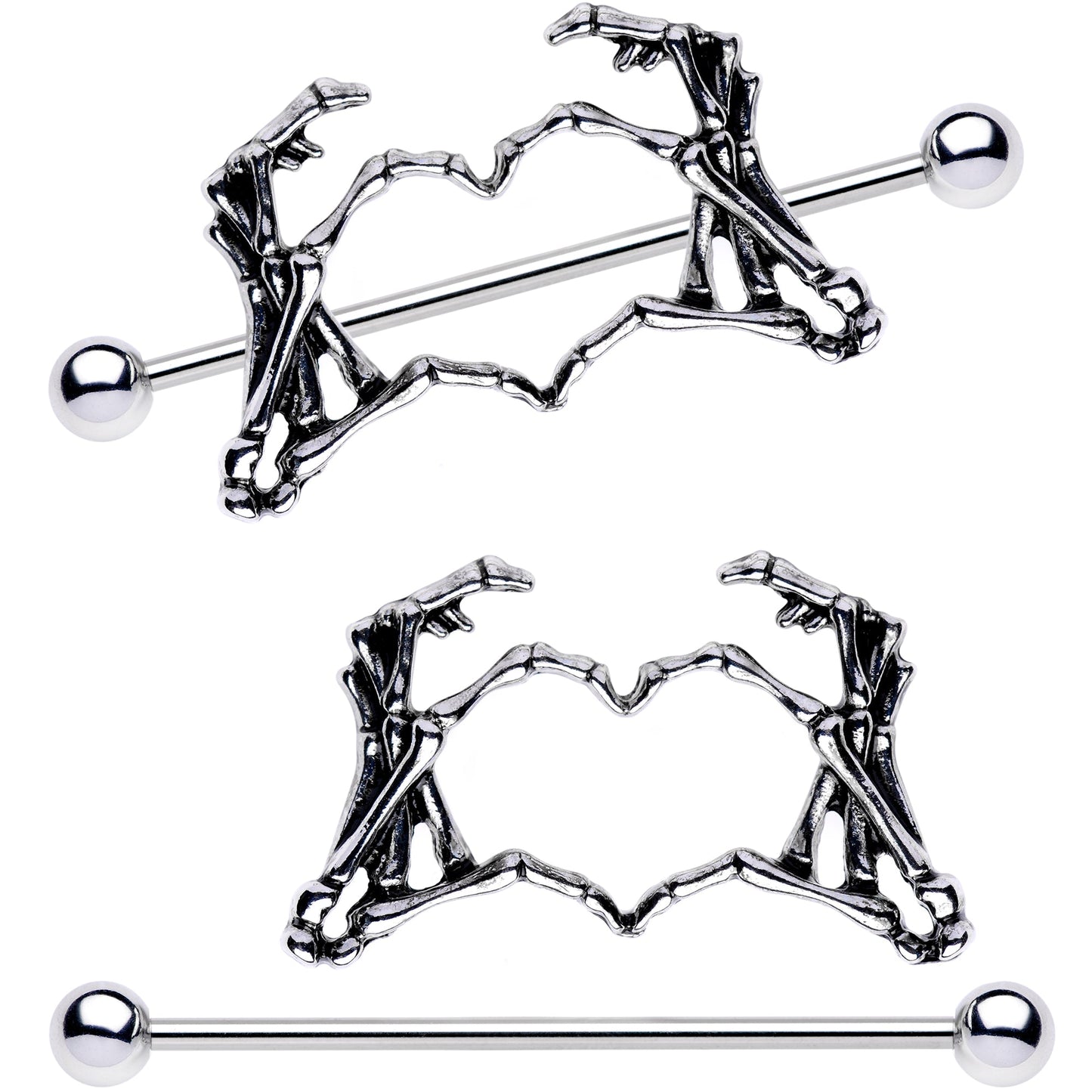 1 1/2 Skeleton Hand Heart Nipple Barbell Shield Set