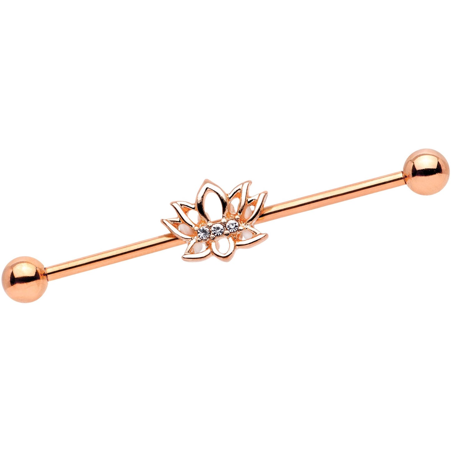 14G Clear Gem Rose Gold Tone Lotus Flower Industrial Barbell 38mm