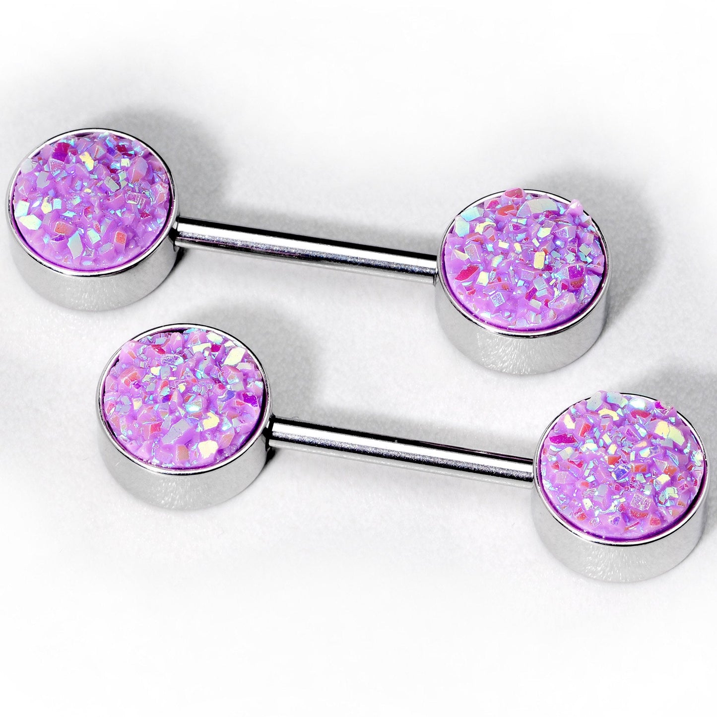 14G 9/16 Lavender Synthetic Druzy Lovely Barbell Nipple Ring Set