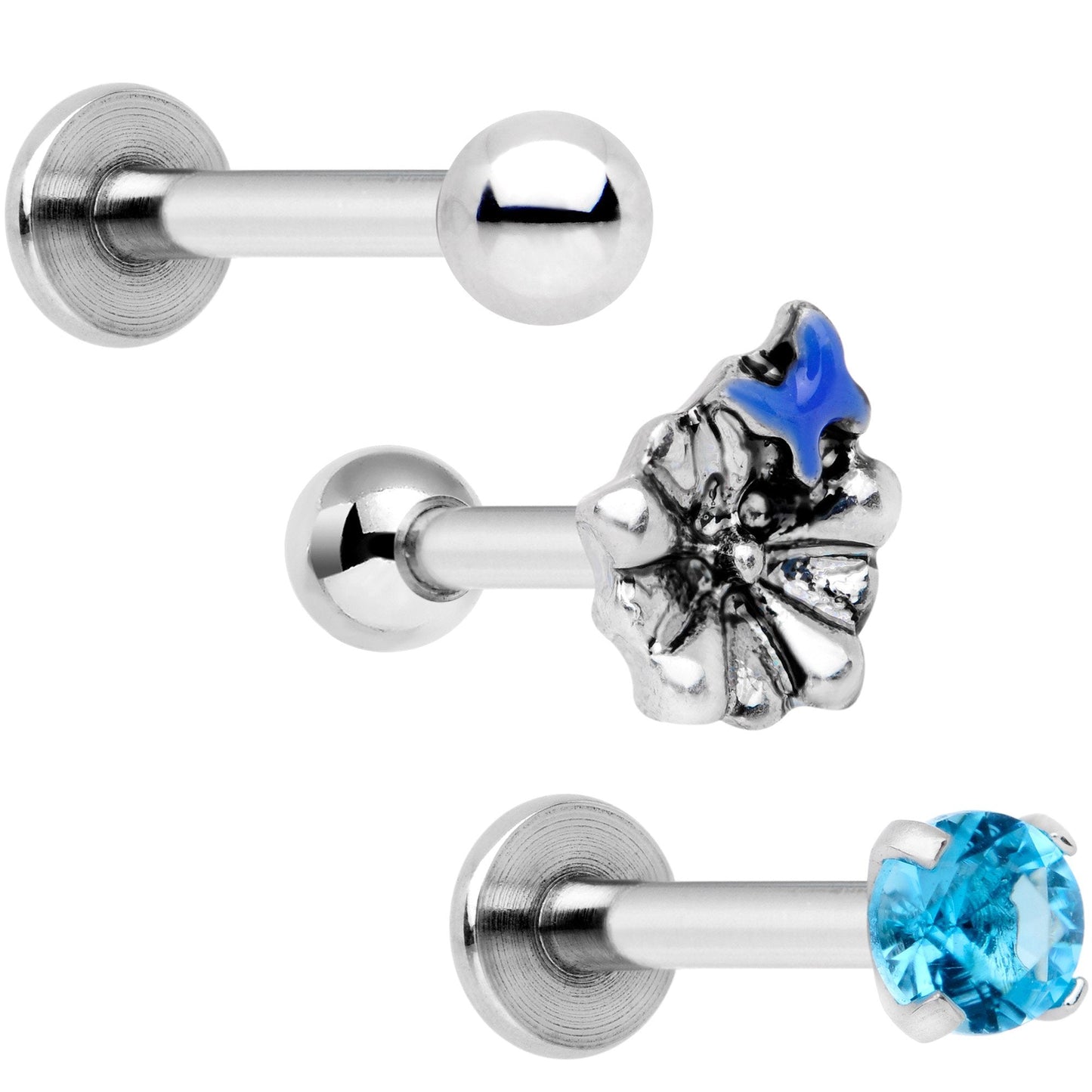 16G 1/4 Blue Gem Flowers Cartilage Tragus Earring Set of 3
