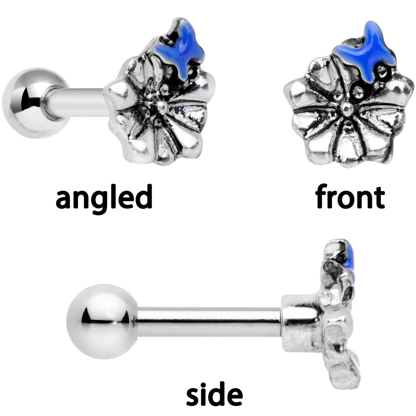 16G 1/4 Blue Gem Flowers Cartilage Tragus Earring Set of 3