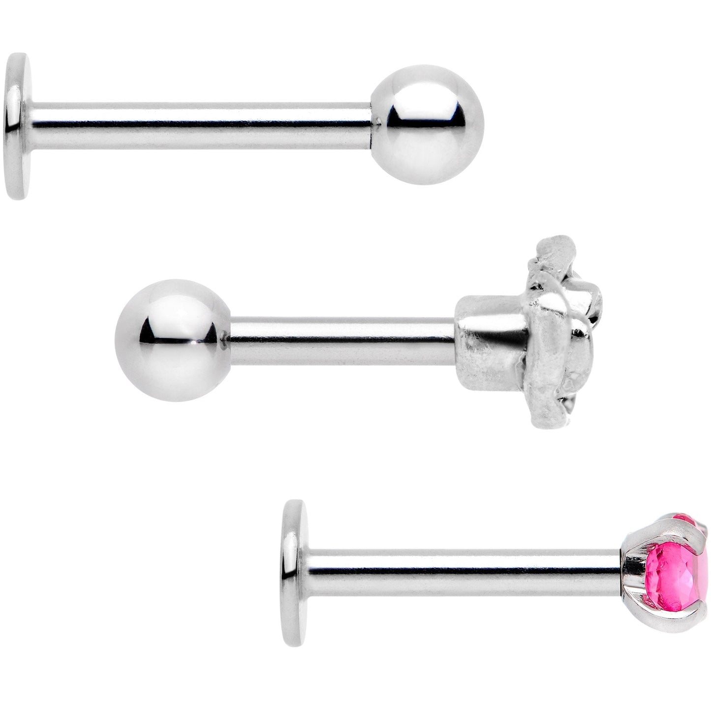 16G 1/4 Pink Gem Rose Flower Cartilage Tragus Earring Set of 3