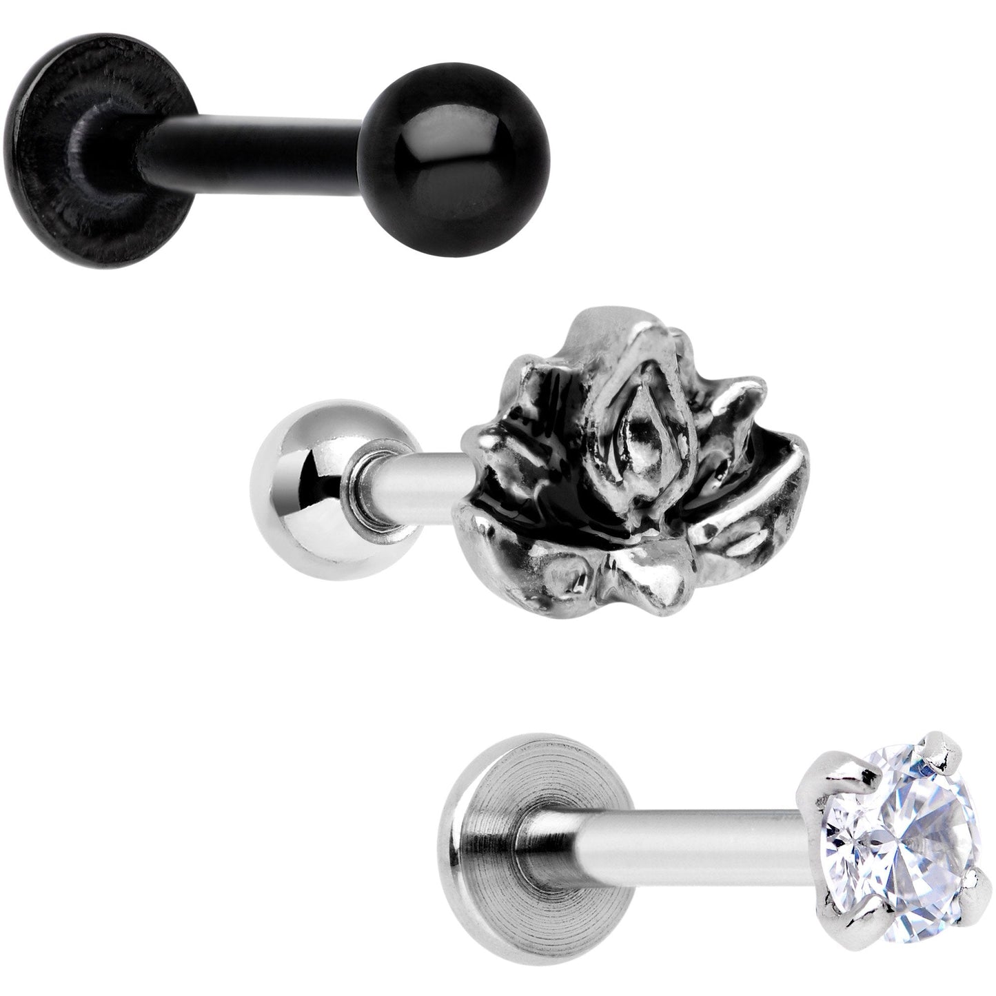 16G 1/4 Clear Gem Lotus Flower Black Cartilage Tragus Earring Set of 3