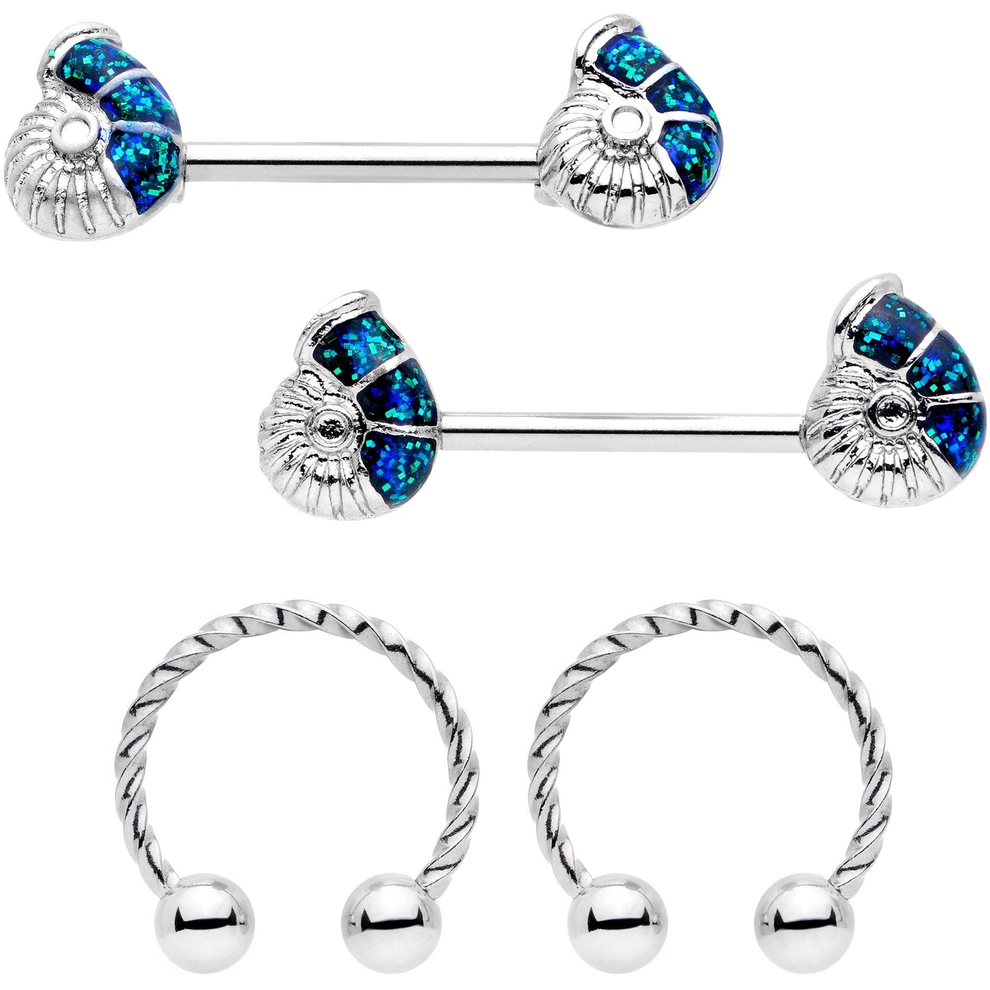 14G 1/2 9/16 Blue Seashell Twisted Horseshoe Nipple Jewelry Set