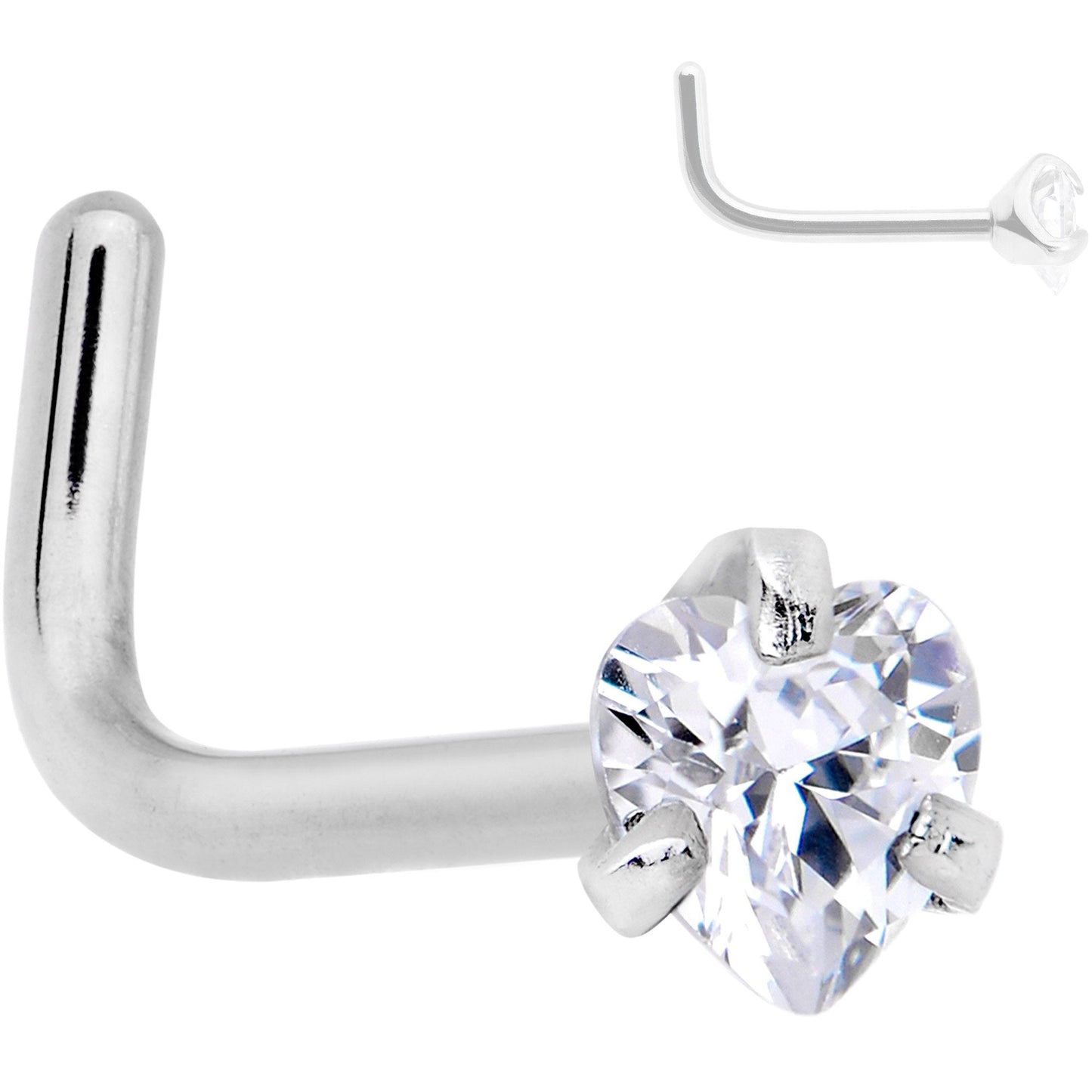 20G Clear 3mm CZ Heart Gem Grade 23 Titanium L Shaped Nose Ring