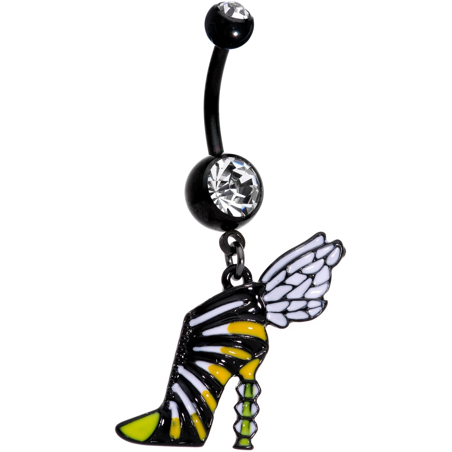 Clear Gem Black Halloween Bumblebee Stiletto Dangle Belly Ring