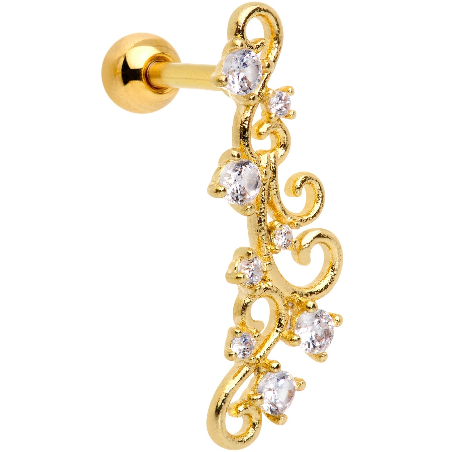 16G 1/4 Clear CZ Gem Gold Hue Cascade Left Ear Cartilage Earring