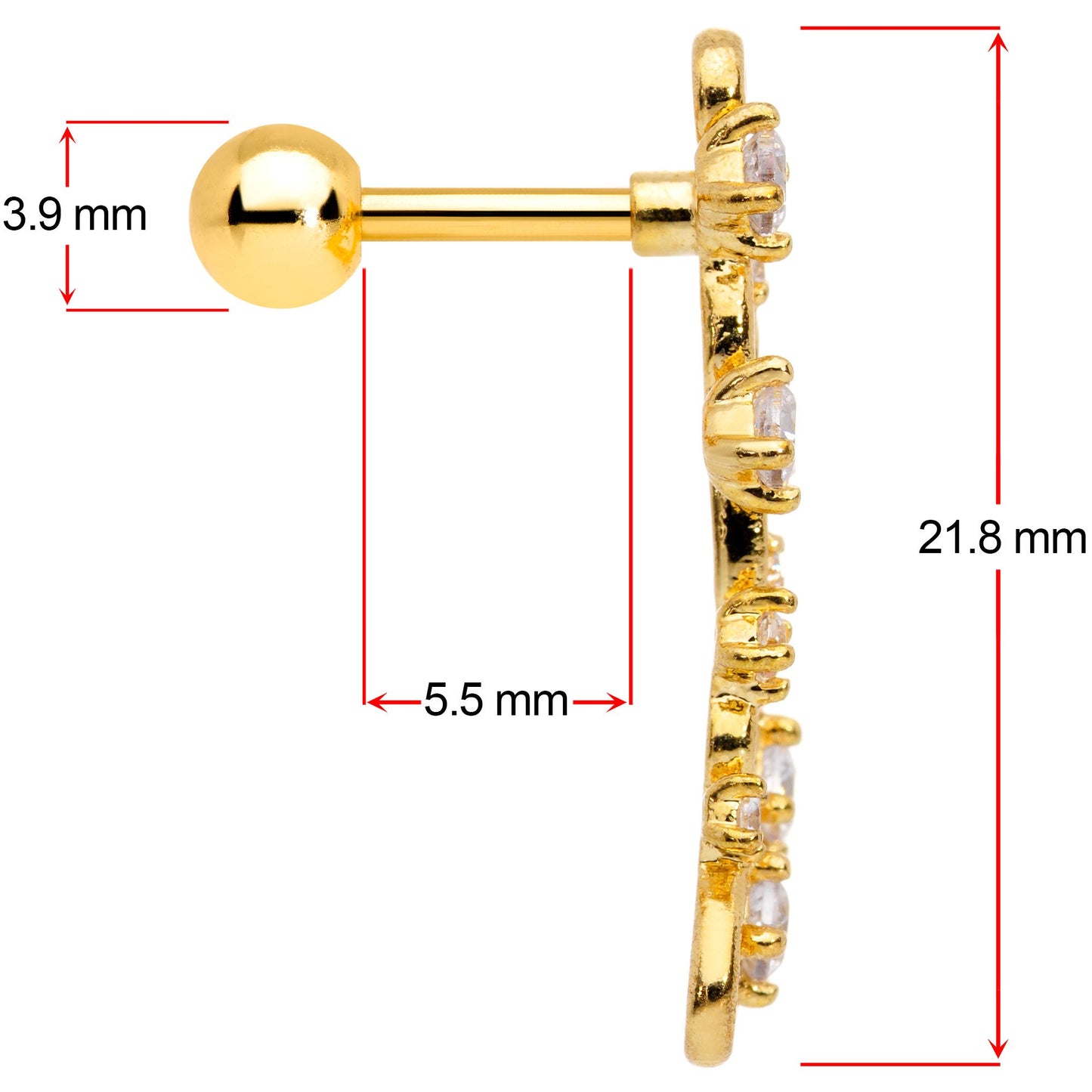 16G 1/4 Clear CZ Gem Gold Hue Cascade Left Ear Cartilage Earring