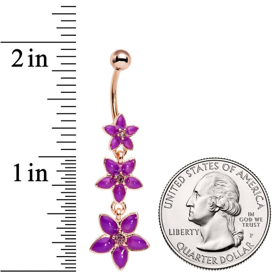 Purple Gem Rose Gold Tone Passionate Purple Petals Flower Dangle Belly Ring