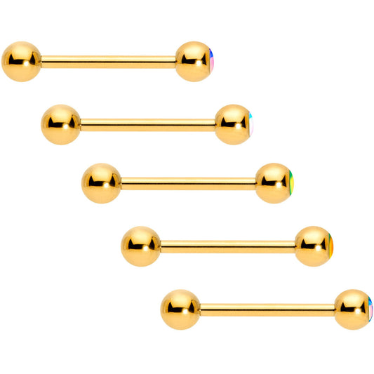 Aurora Gem Inlay Gold Tone Barbell Tongue Ring Set of 5