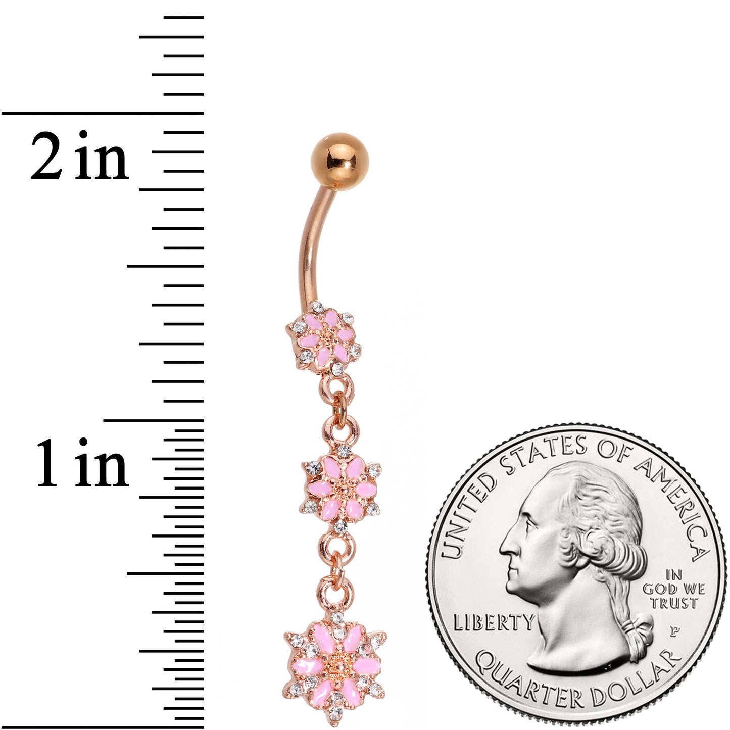 Clear Gem Rose Gold Tone Glitter Inlay Pink Garden Dangle Belly Ring