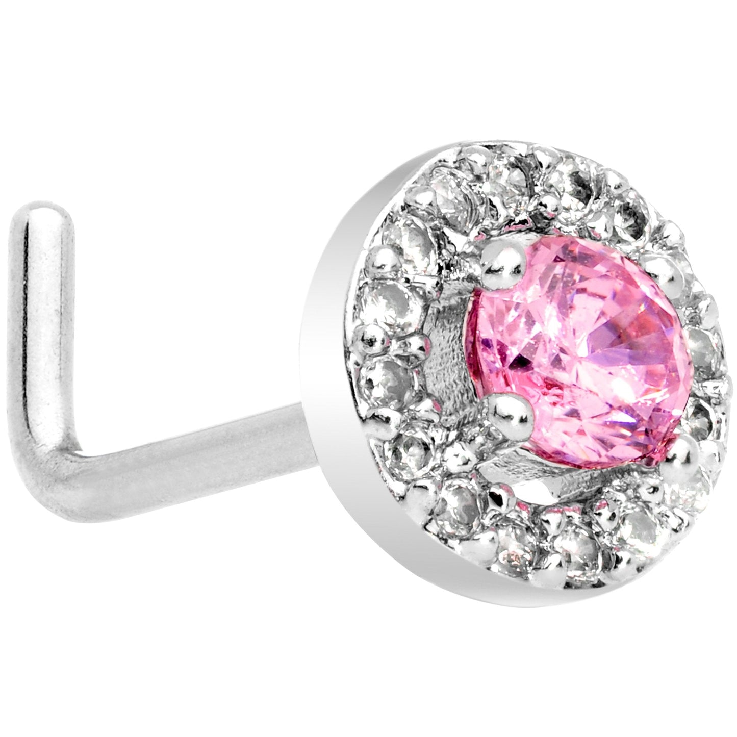 20G 1/4 Clear Pink CZ Gem Round Double Tier L Shaped Nose Ring