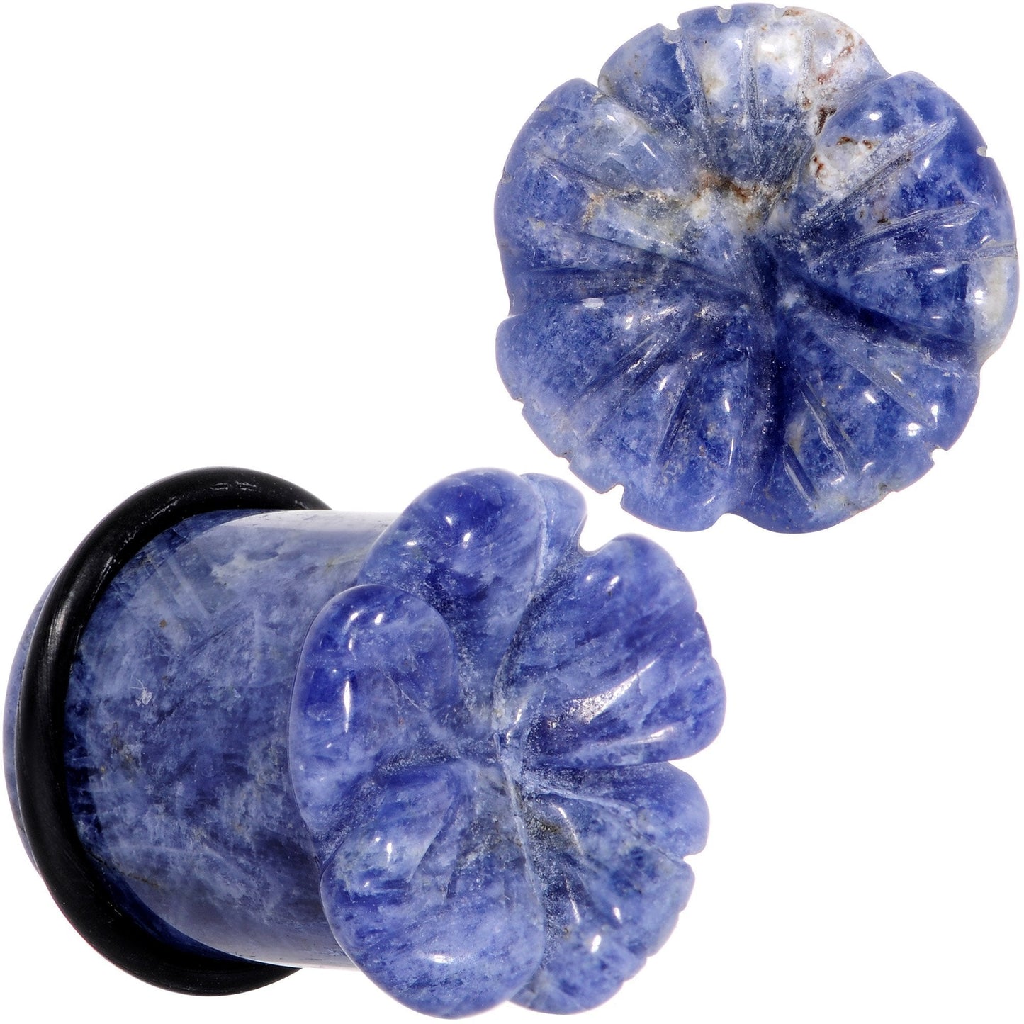 Natural Blue Sodalite Tropical Flower Single Flare Plug Set Sizes 6mm to 25mm