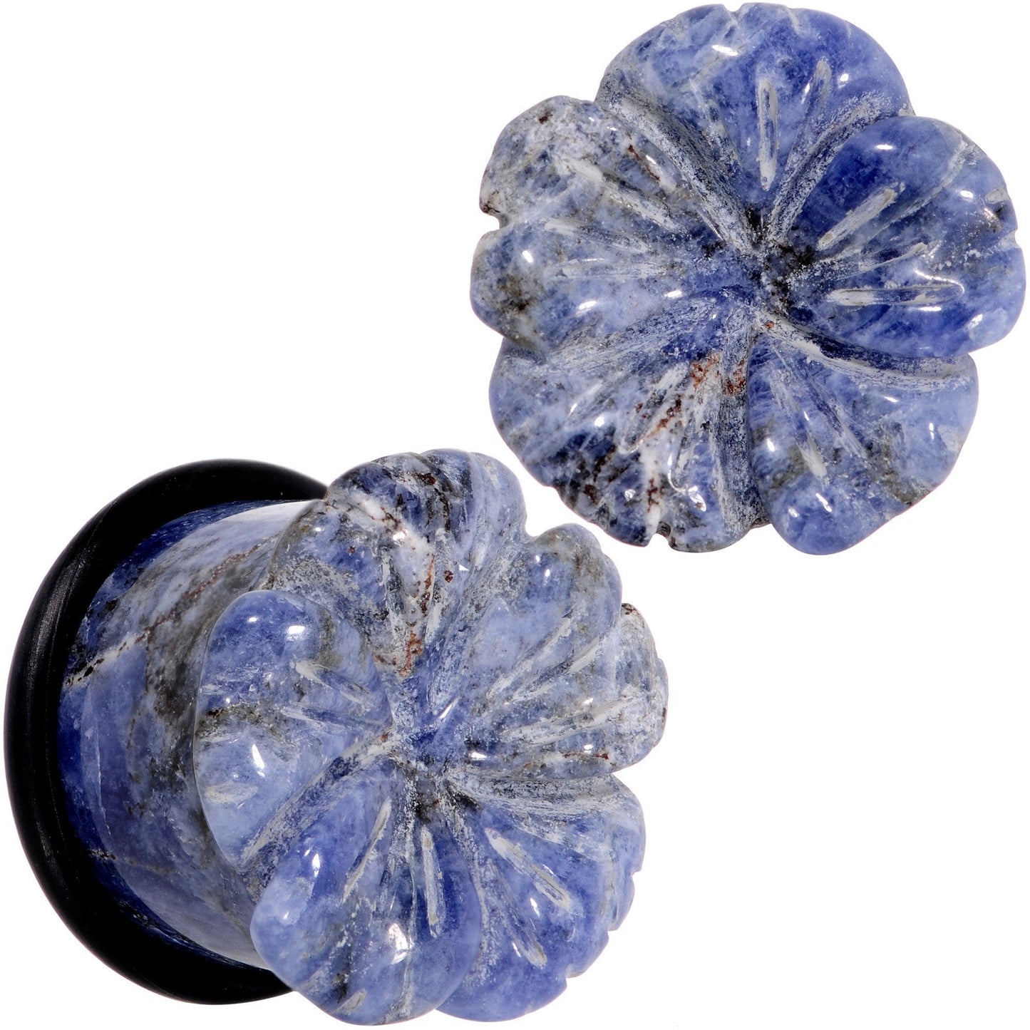 Natural Blue Sodalite Tropical Flower Single Flare Plug Set Sizes 6mm to 25mm
