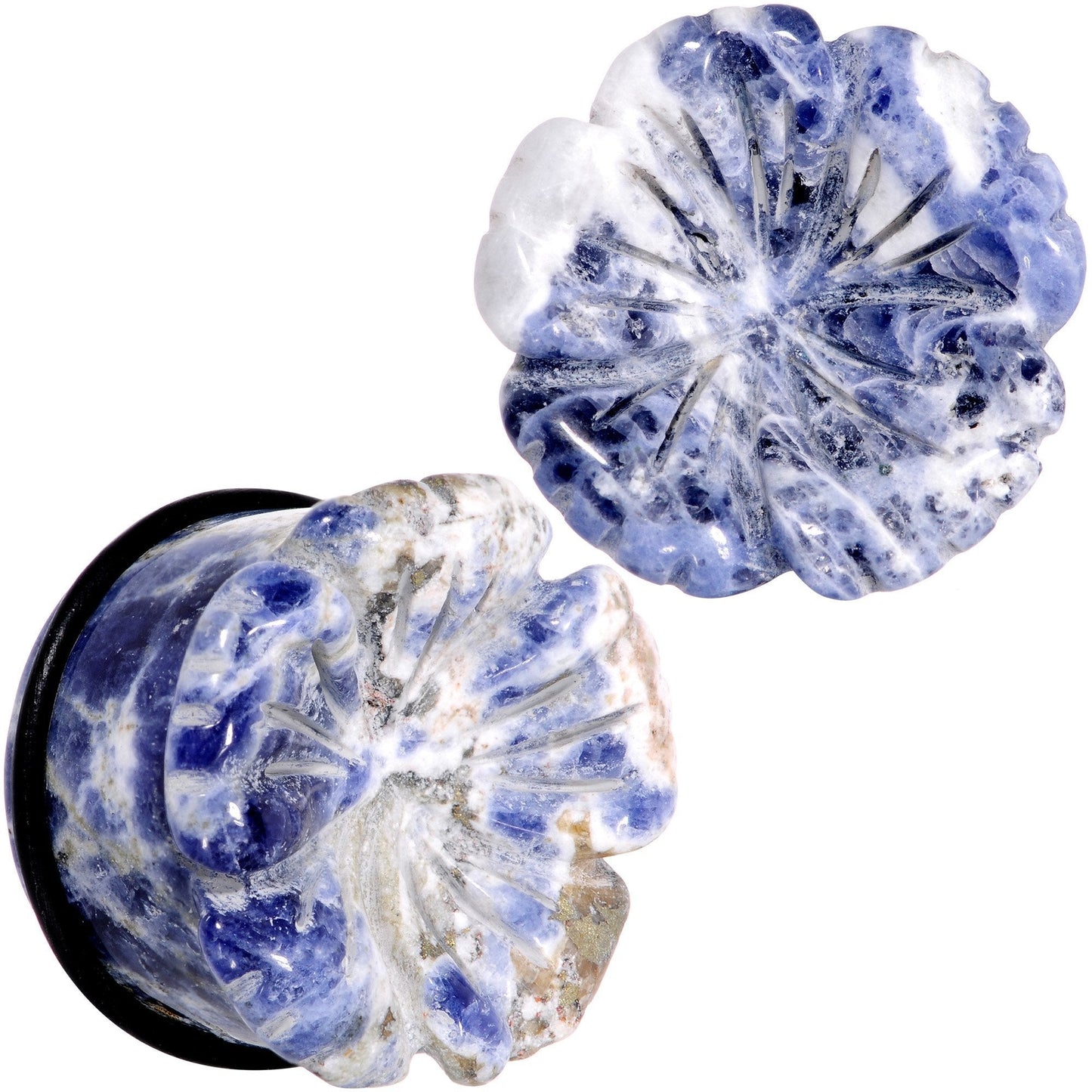 Natural Blue Sodalite Tropical Flower Single Flare Plug Set Sizes 6mm to 25mm