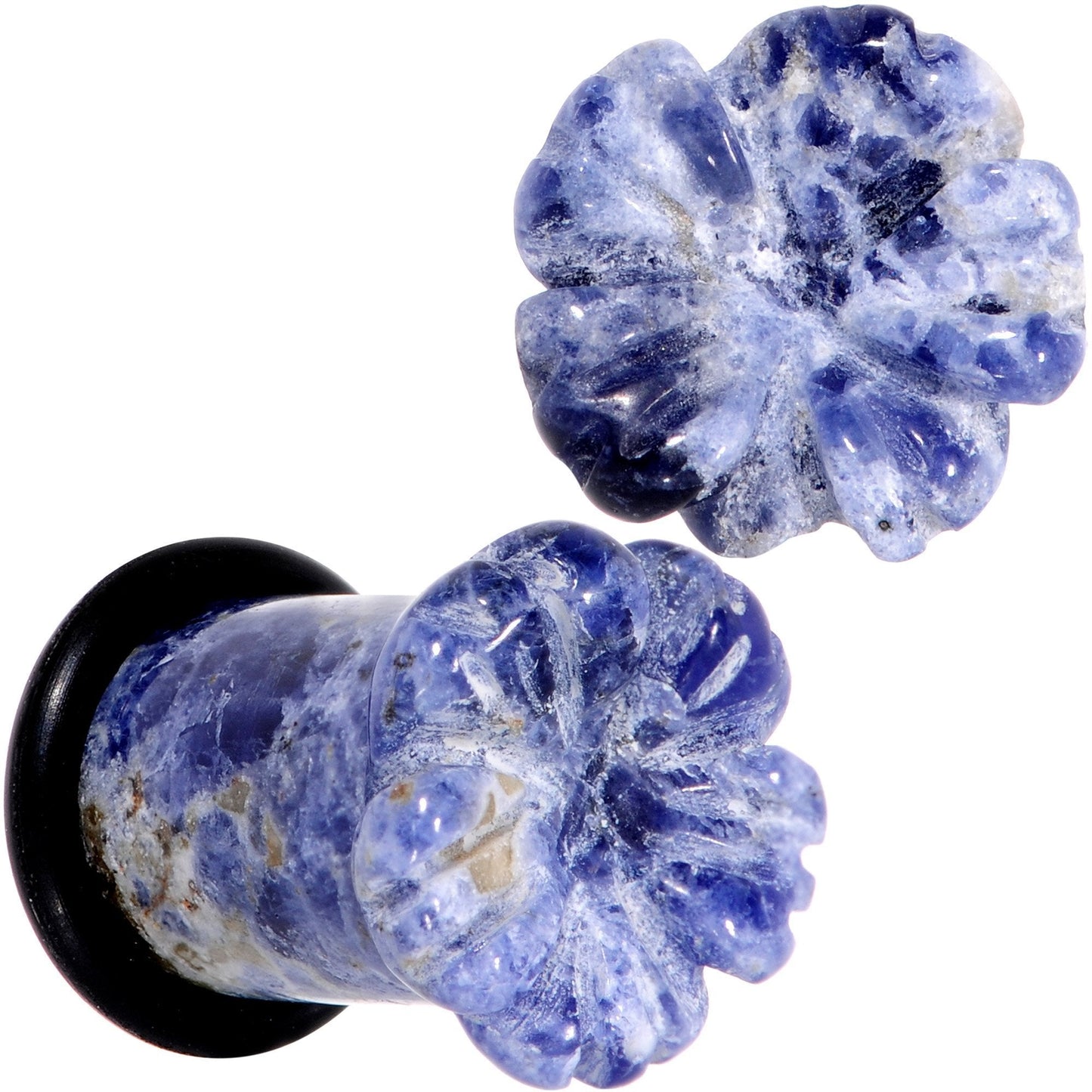 Natural Blue Sodalite Tropical Flower Single Flare Plug Set Sizes 6mm to 25mm