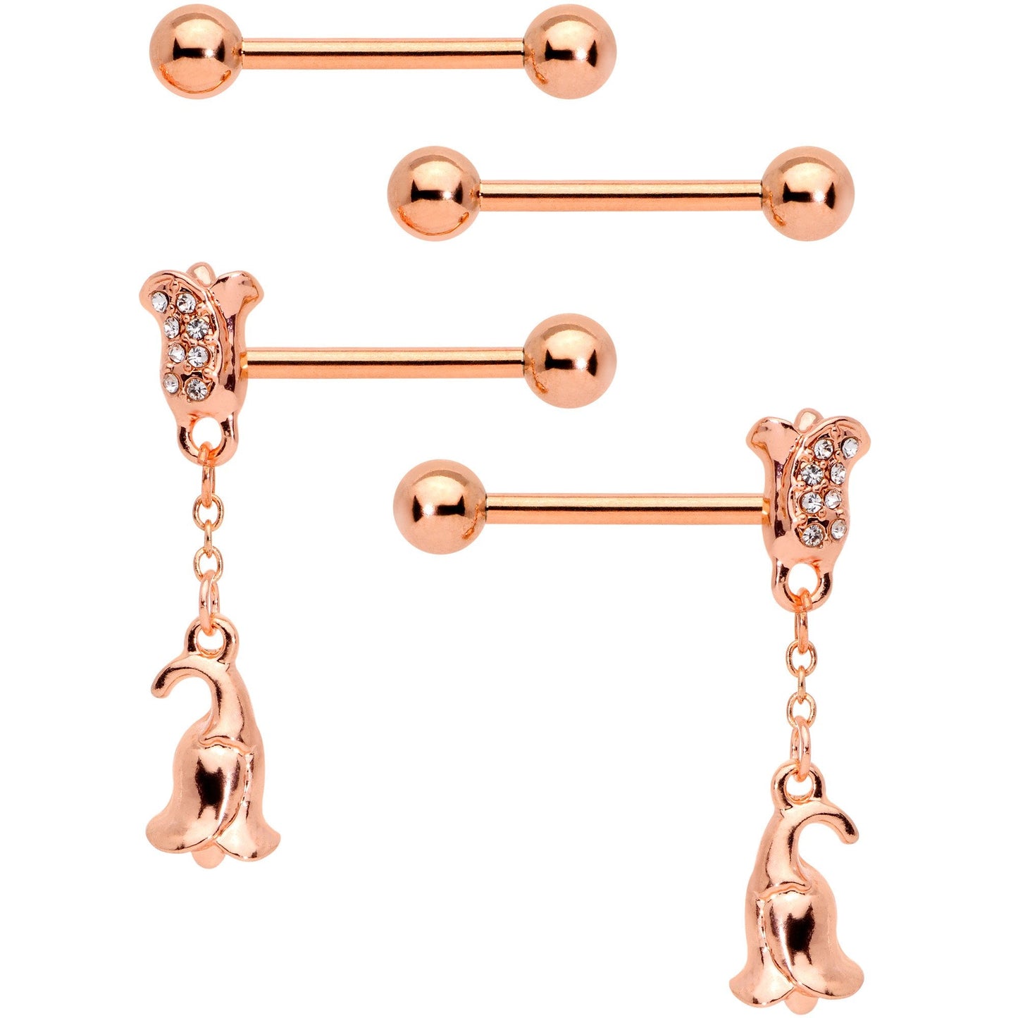 14G 9/16 Rose Gold Tone Flowers Barbell Nipple Ring Set of 4