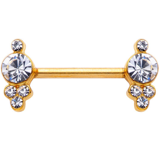 14G 9/16 Clear Gem Gold Tone Circles Barbell Nipple Ring Set