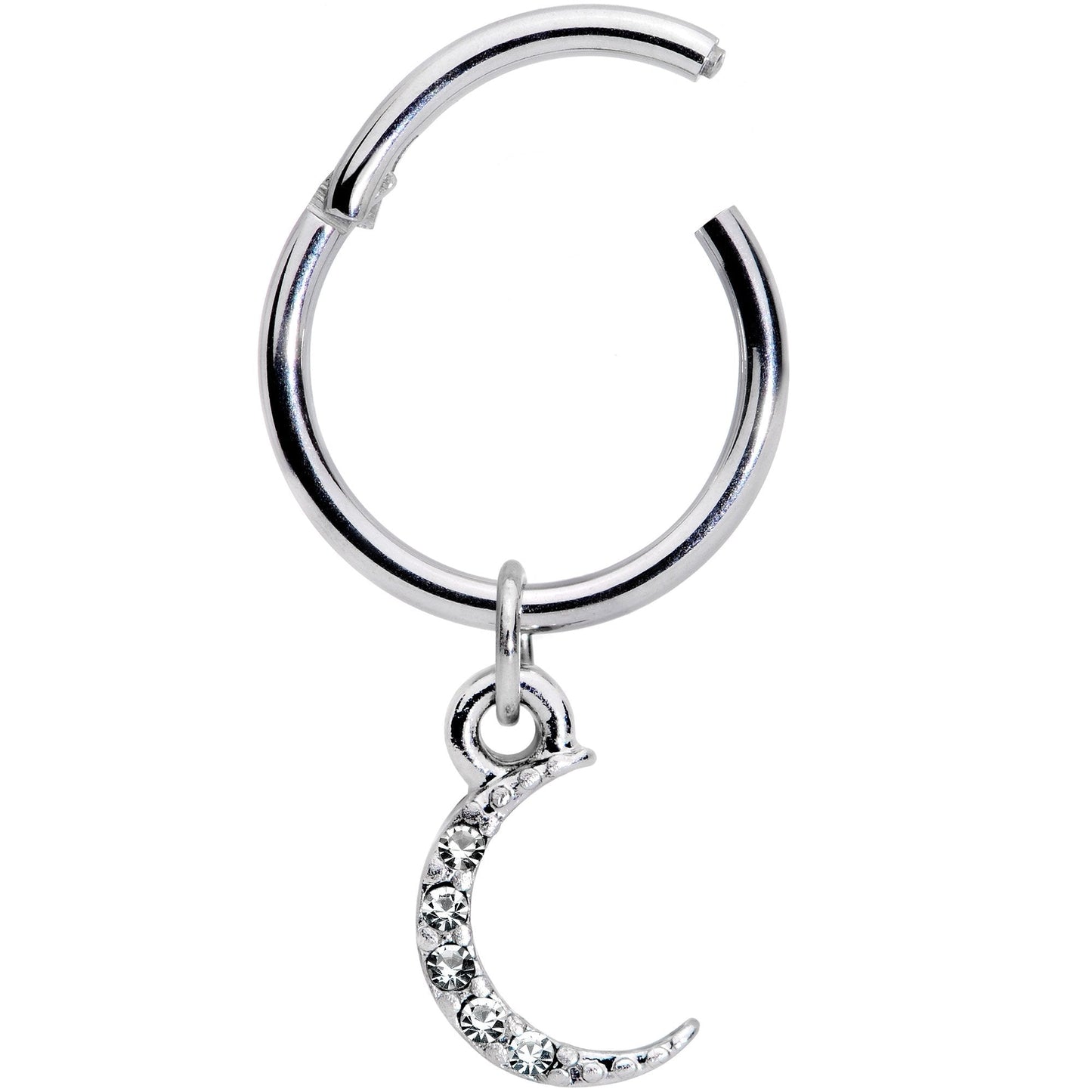 16G 3/8 Clear Gem Sliver of Moon Dangle Hinged Segment Ring