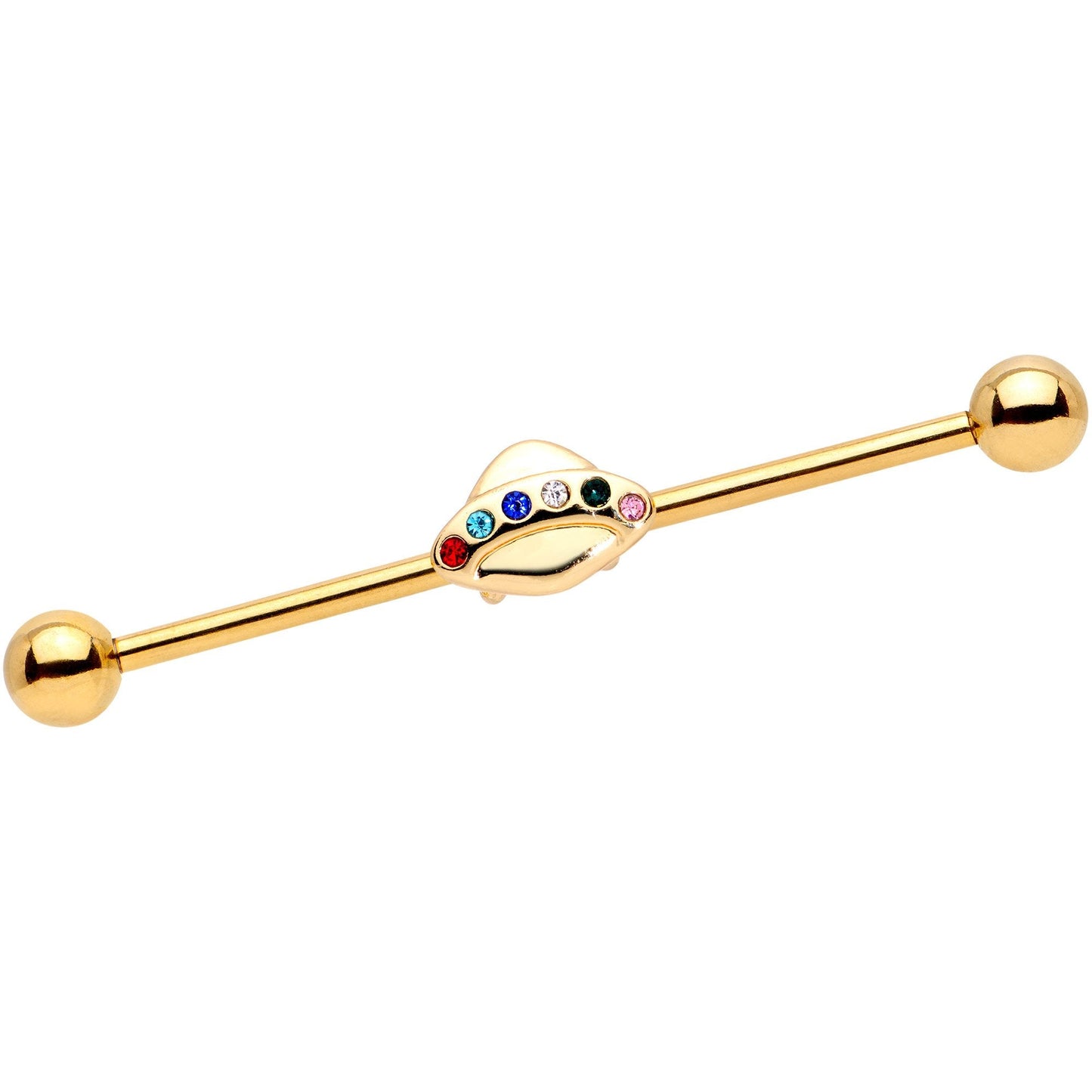 14G Multicolor Gem Gold Tone UFO Industrial Barbell 38mm