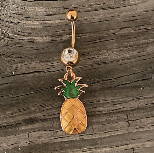 Clear Gem Rose Gold Tone Pineapple Dangle Belly Ring