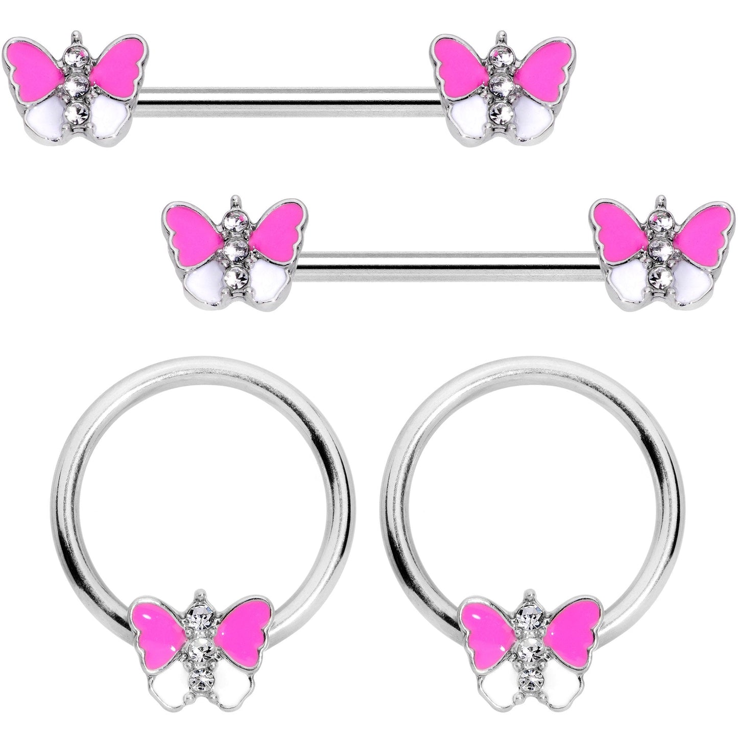 14G Pink White Inlay Butterfly BCR Barbell Nipple Ring Set of 4