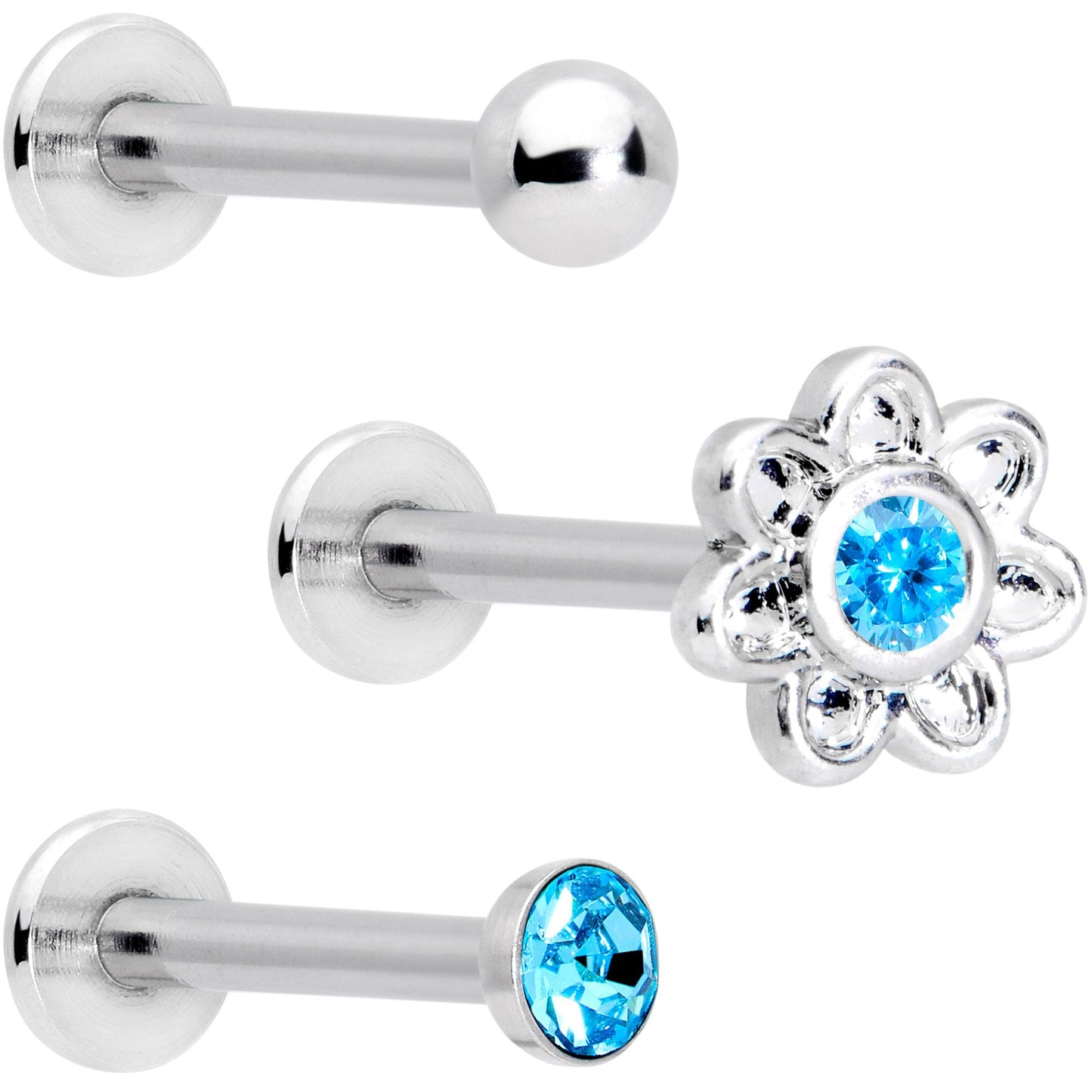 16G Blue Gem Flower Internally Threaded Labret Set of 3