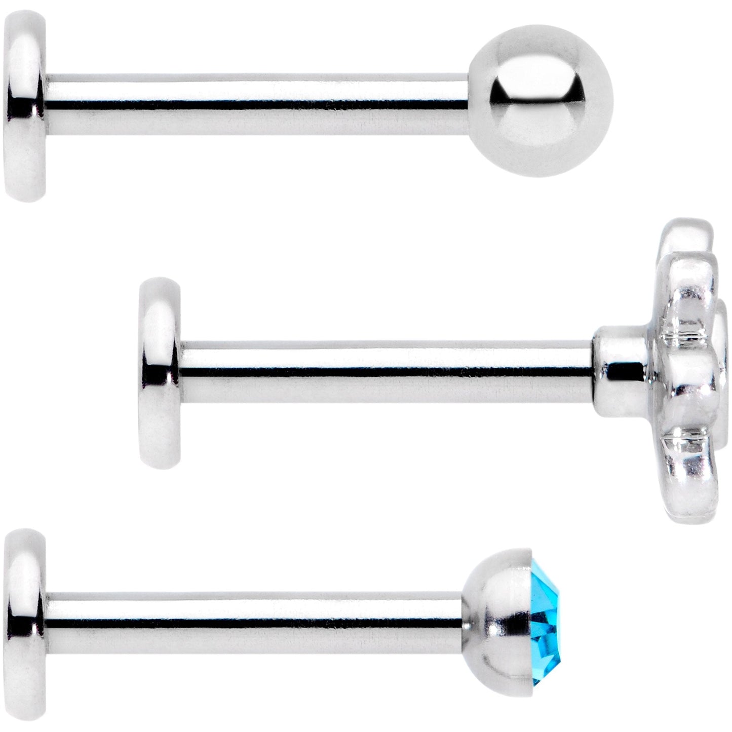 16G Blue Gem Flower Internally Threaded Labret Set of 3