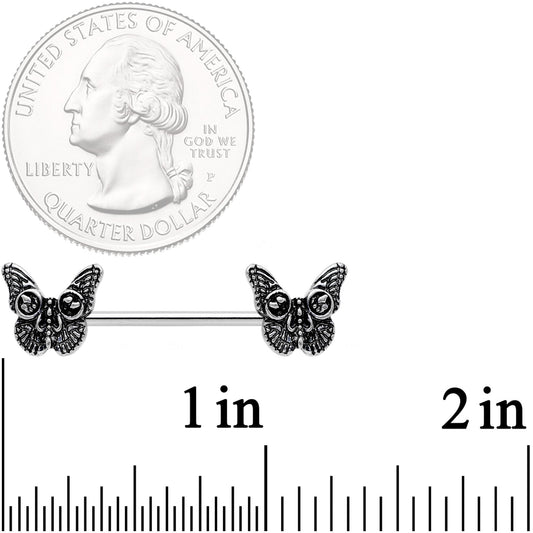 14G 9/16 Death Head Butterfly Barbell Nipple Ring Set