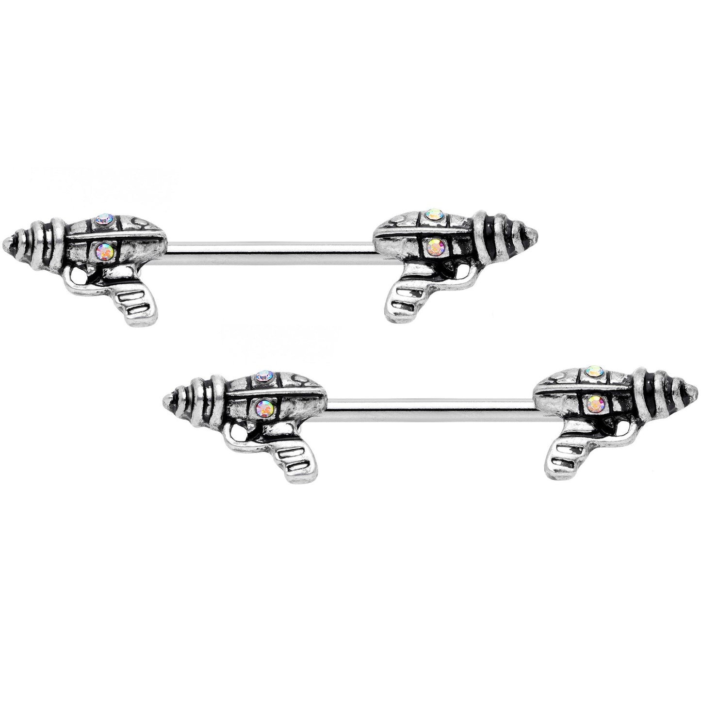 14G 9/16 Aurora Gem Mystery Ray Gun Barbell Nipple Ring Set
