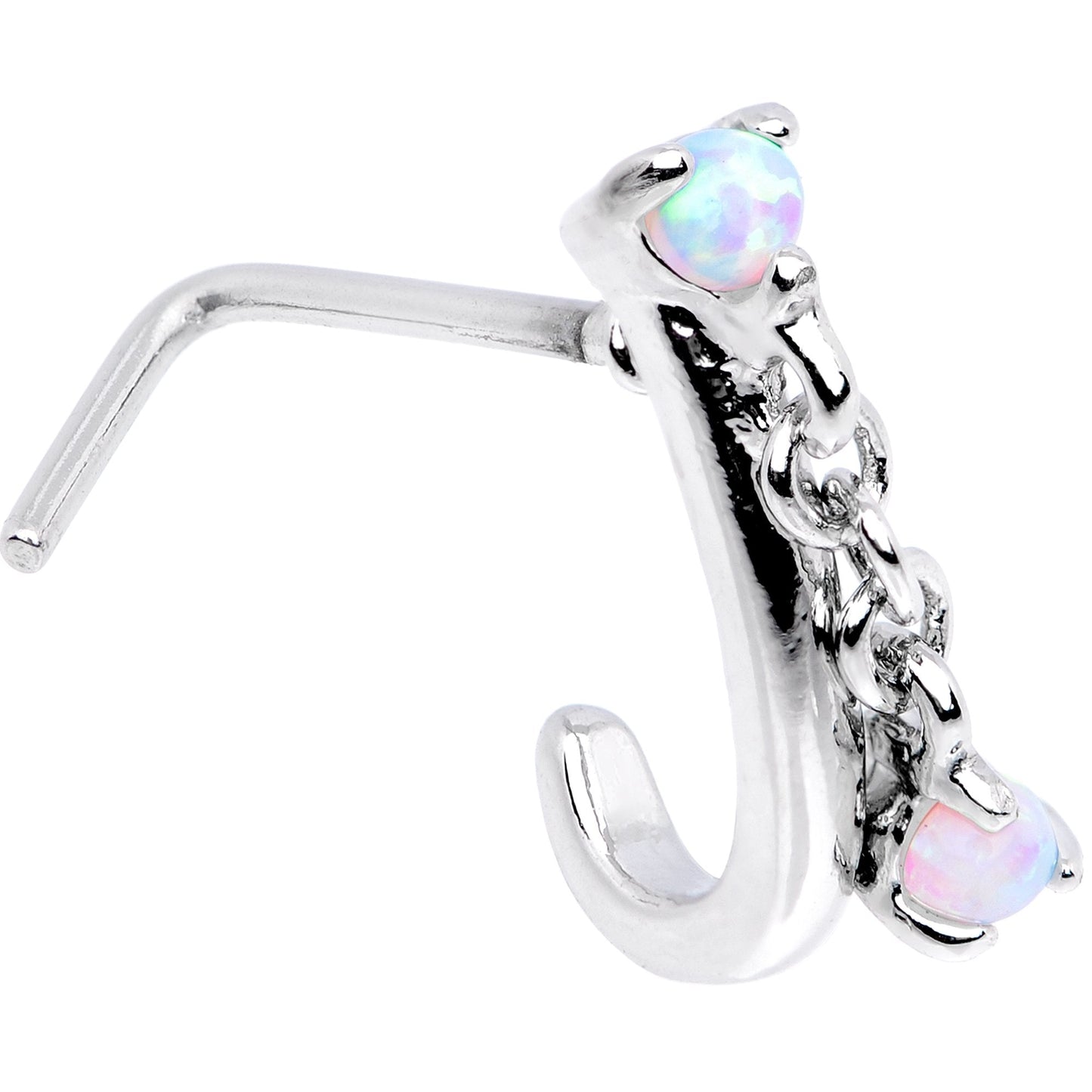 20G 3/16 White Synthetic Opal Dangle Faux Hoop L Shape Nose Ring