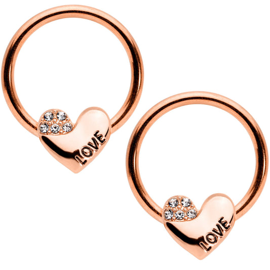 14G 1/2 Clear Gem Rose Gold Tone Love Heart BCR Captive Nipple Ring Set