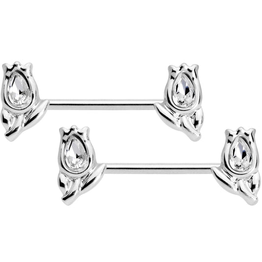 14G 7/16 1/2 Clear Gem Flowers BCR Barbell Nipple Ring Set of 4