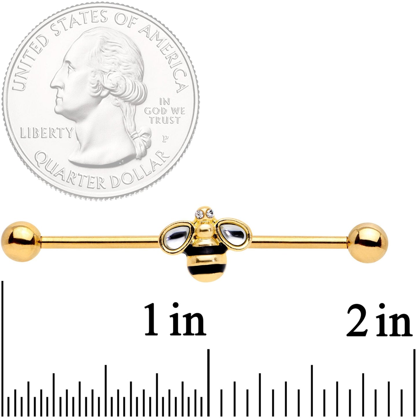 14G Clear Gem Gold Tone Bumblebee Bling Industrial Barbell 38mm