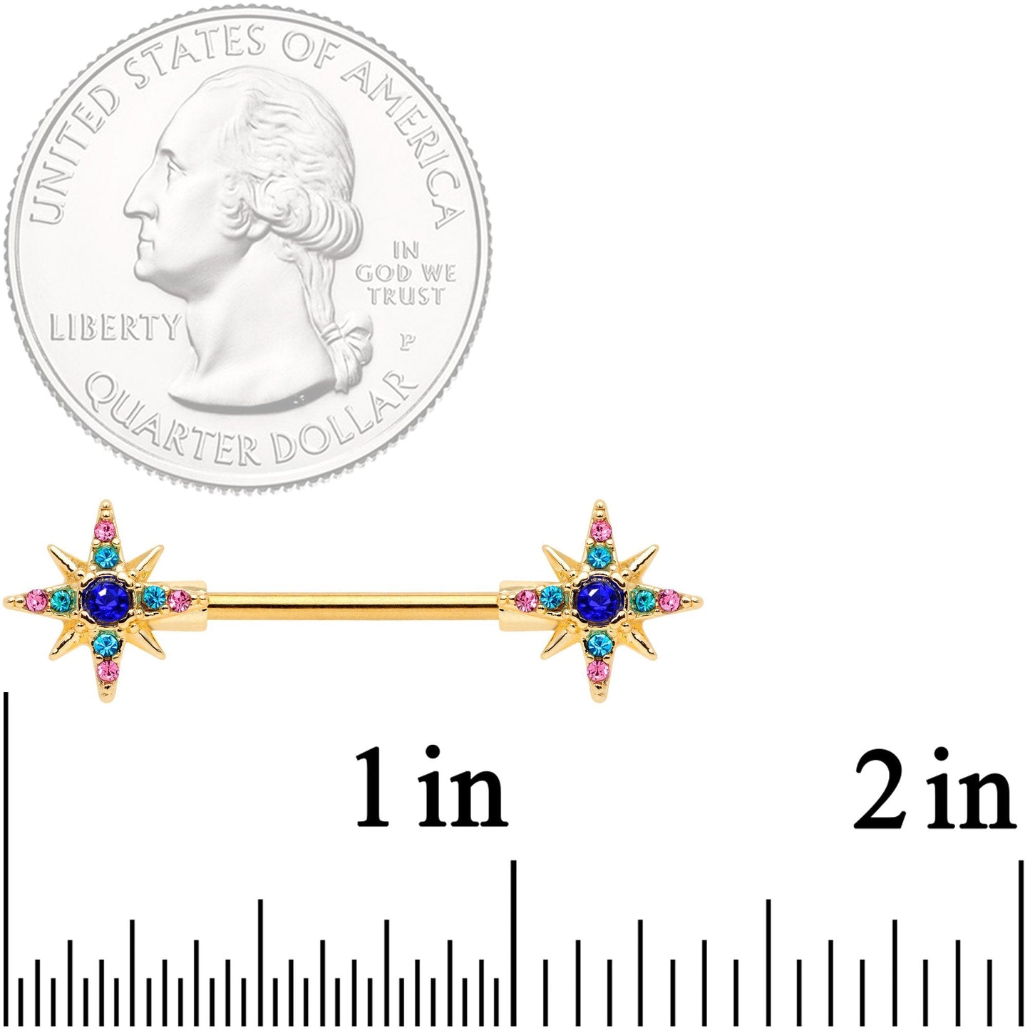 14G 9/16 Aqua Green Gem Gold Tone Star Barbell Nipple Ring Set